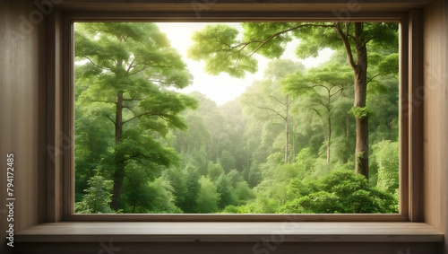 Tranquil Forest View from Window Ideal for Eco-Friendly Businesses and Nature Retreats in Relaxation Area - Stock Photo Concept