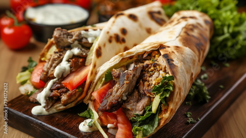 Succulent shawarma, filled with grilled meat and vibrant veggies, artfully presented on a rustic board