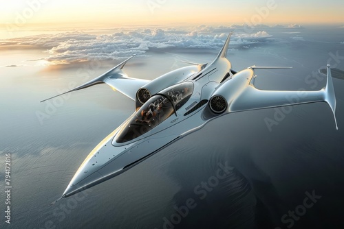 Futuristic aircraft design with sleek aerodynamic contours, cutting-edge aviation tech