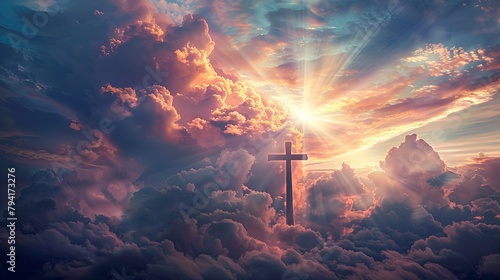 Majestic sunset cloudscape with radiant beams and a cross