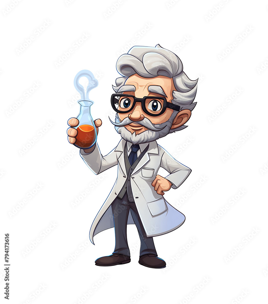 An enthusiastic cartoon scientist with gray hair, glasses, and lab coat, holding two beakers with colorful liquids. Generative AI An enthusiastic cartoon scientist with gray hair, glasses, and lab coat, holding two beakers with colorful liquids. Generative AI