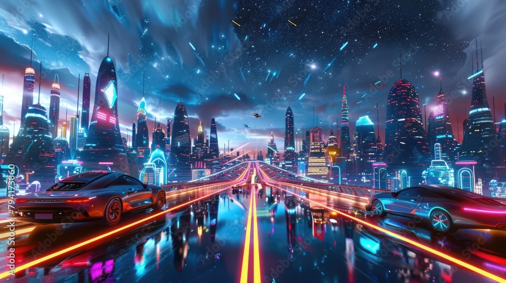 Futuristic Cityscape at Night with Glowing Neon Lights and Dynamic Skyline
