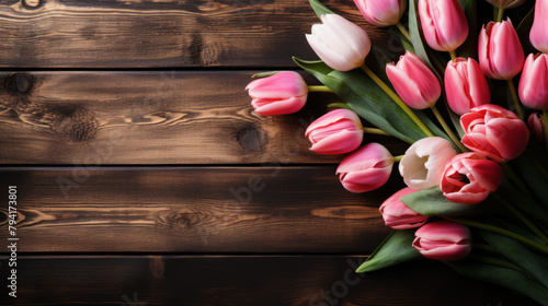 Pink tulips on a rustic wooden background.  Generative ai.