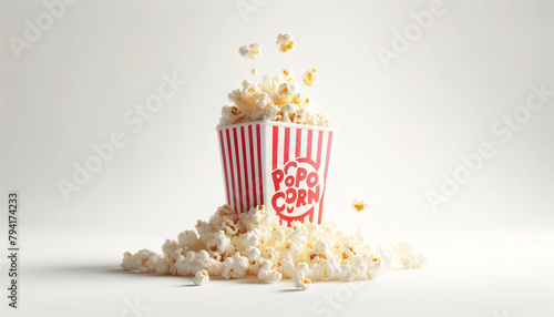 A red and white striped popcorn cup that has tipped over, with fluffy, buttery popcorn spilling out onto a whit background