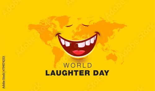 EPS Vector illustration of World Laughter Day poster background. Funny Laughing yoga face with world map.