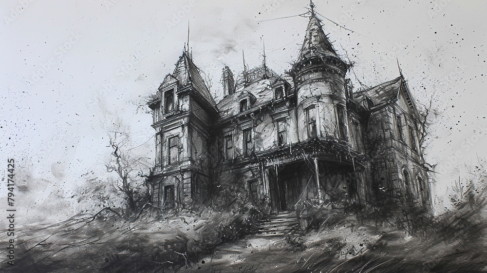 Abandoned House Black and White Ink Drawing on Canvas