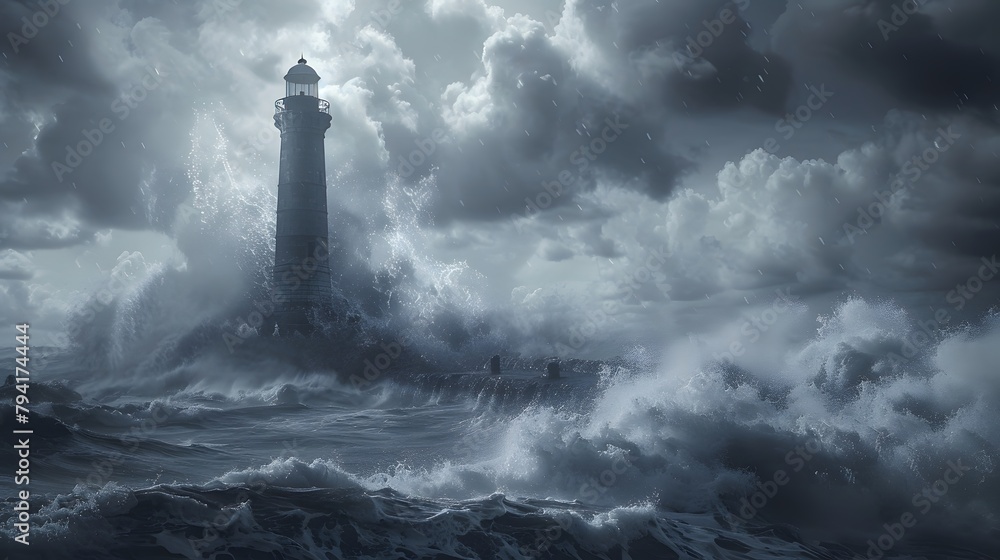 mysterious atmosphere of a haunted lighthouse, standing tall against crashing waves, in full ultra HD resolution.