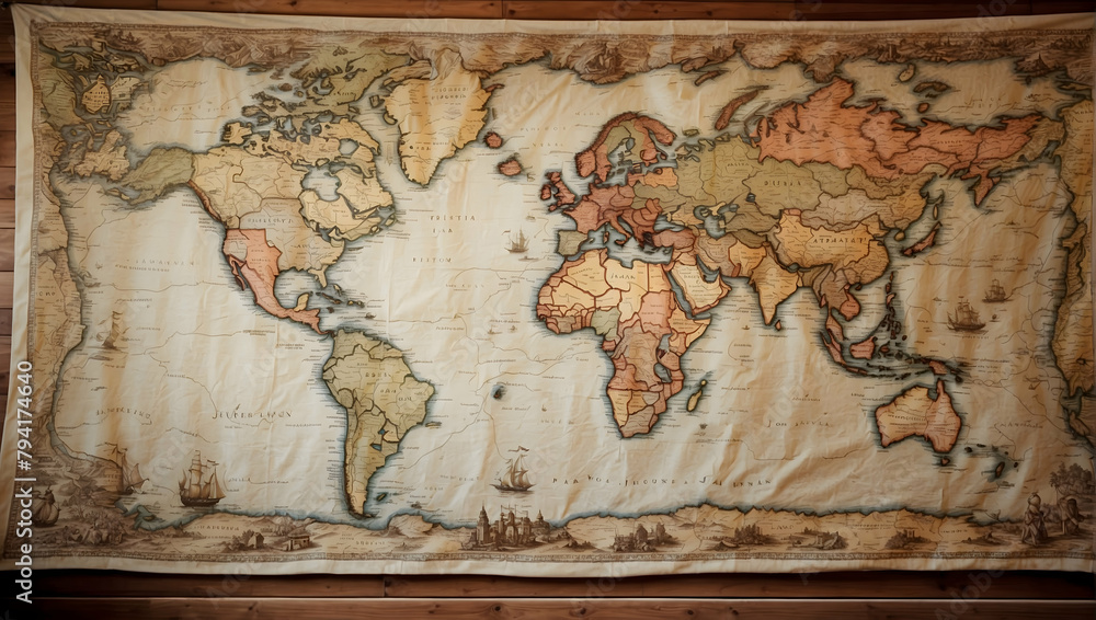 Obraz premium Photo Real: Journey Tapestry - A Detailed Map Tapestry Serving as a Backdrop for Stories of Adventure and Discovery