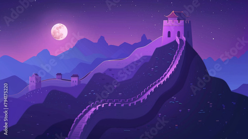 The Great Wall of China with simple background and purple and blue gradient color scheme. Flat illustration style. 