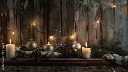 A quaint and rustic Christmas backdrop embellished with vintage ornaments and flickering candles © Yuchen