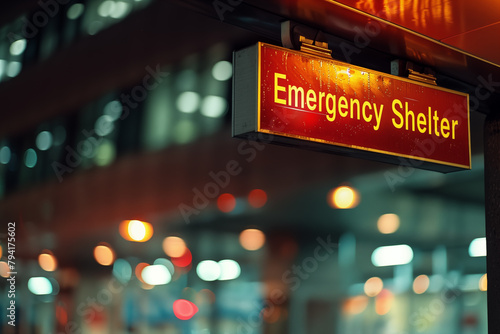 Emergency shelter sign in urban setting at night, glowing against blurred city lights