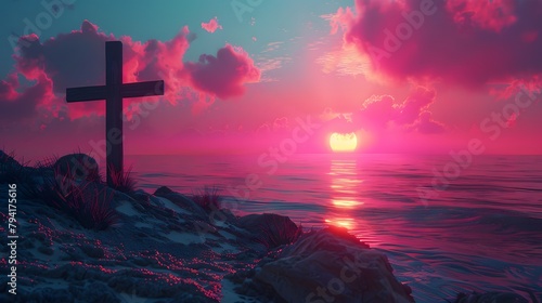 reverence of a Christian cross set against a colorful sunset over the ocean, captured in full ultra HD resolution.