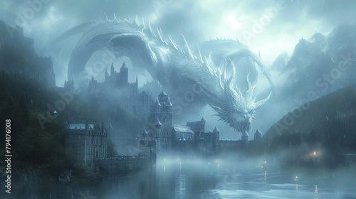 A Dragon On Frostcovered Beautiful Fortress On A Top of Glacial Mountain Alps photo