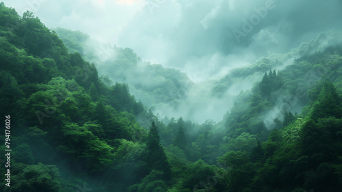 A lush green forest with a foggy mist in the air