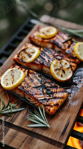 Grilled salmon fillet with fresh lemon slices and rosemary sprigs on a hot grill