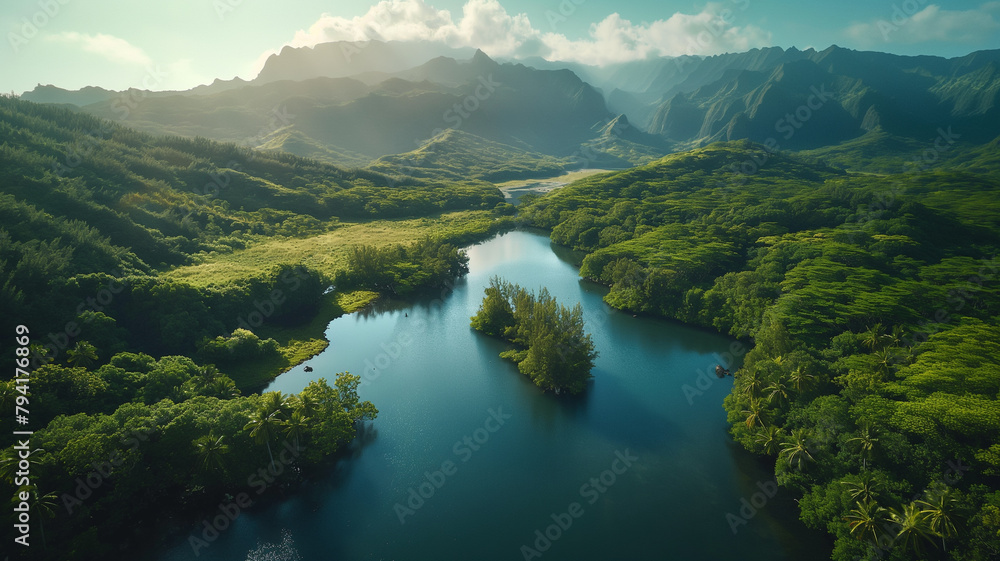 A lush green field with trees in the background