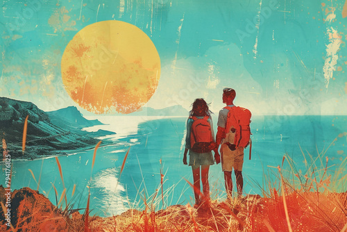 Young couple hiking during summer holidays. They are looking at the seaview at golden hour with giant yellow sun. Copy space. Retro style illustration, risograph.