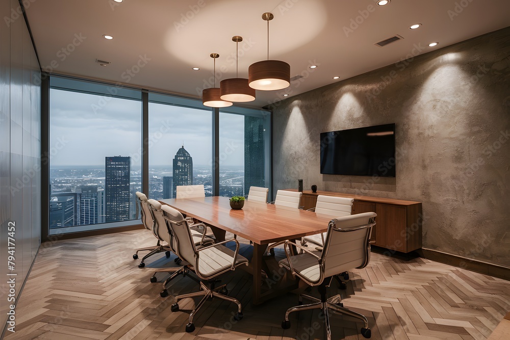 Fototapeta premium Elegant conference room with city view, wooden table, white chairs, herringbone floor, recessed lights, textured walls