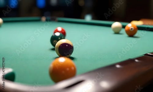 A pool table with billiard balls scattered on the green felt surface, with a blurred background
