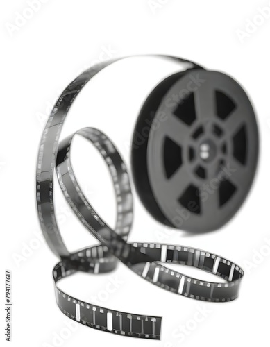 A black and white film reel with a film strip wrapped around it, representing the concept of movies