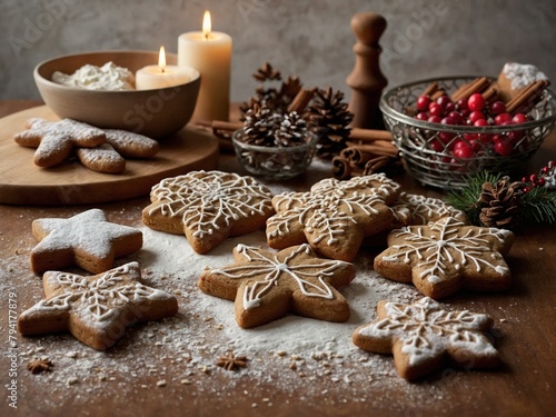 Star-shaped gingerbread cookies with intricate icing designs take center stage, surrounded by elements that evoke holiday spirit. Bowl filled with flour, candle casting warm glow, pine cones.