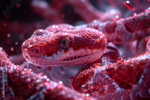 A scene showing a snake's venom affecting blood cells, with detailed imagery of the toxic enzymes di