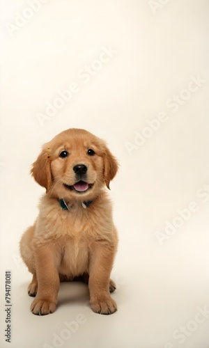 A golden retriever puppy with a cute, friendly expression sitting on a white background