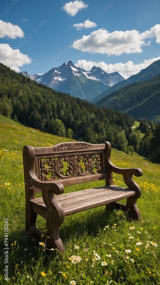 Beautifully carved wooden bench invites observers to breathtaking view of lush green meadows sprinkled with vibrant wildflowers. Dense forests. Beautifully carved wooden bench invites observers to breathtaking view of lush green meadows sprinkled with vibrant wildflowers. Dense forests.