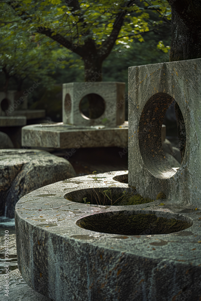 A sculpture garden where each piece is based on a different geometric shape, but all are interconnec A sculpture garden where each piece is based on a different geometric shape, but all are interconnec