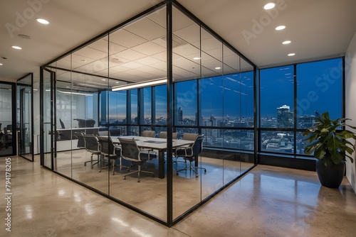 Modern office with city views and industrial accents, featuring glass partitions, recessed lighting, and greenery