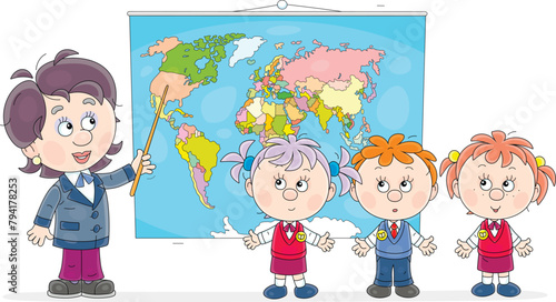 School teacher pointing to countries on a World map and describing them to funny little schoolchildren at a geography lesson in primary school, vector cartoon illustration on white