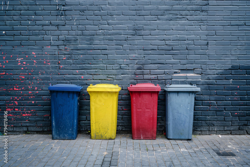 multicolored trash bins over grey brick wall background