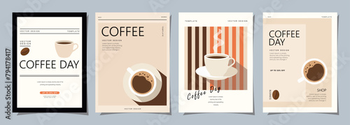 Set of minimal background templates with coffee beans and coffee mug for invitations, cards, banner, brochure, poster, cover, cafe menu or another design. Vector illustration.