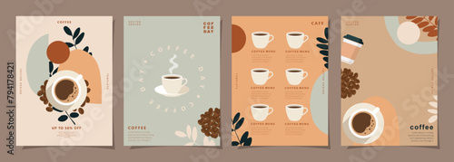 Set of minimal background templates with coffee beans and coffee mug for invitations, cards, banner, brochure, poster, cover, cafe menu or another design. Vector illustration.