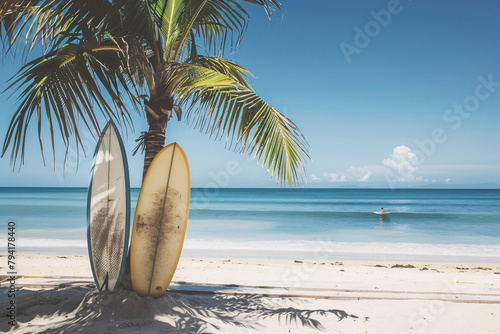 surfboards and palm tree on the tropical beach, travel concept