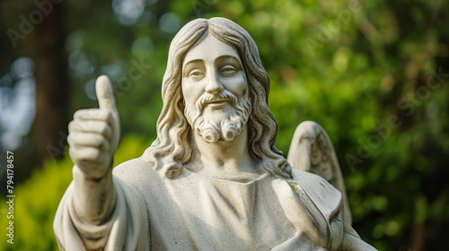 Stone statue of Jesus with a raised thumb, detailed facial features, and draped clothing