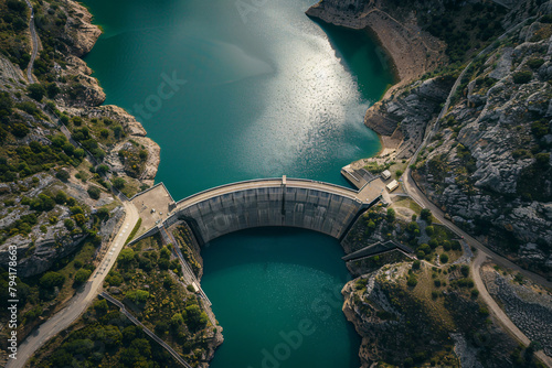 aerial top view of modern dam and reservoir lake in mountains © Di Studio
