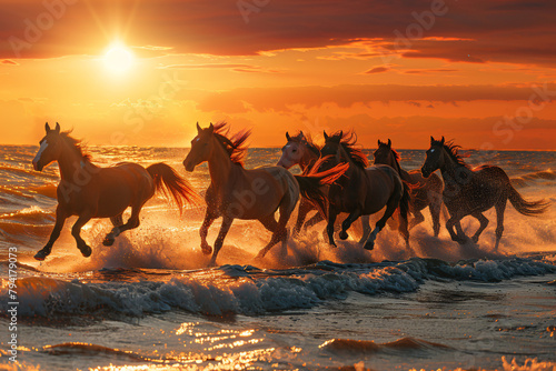 Many horses running near sea on sunset