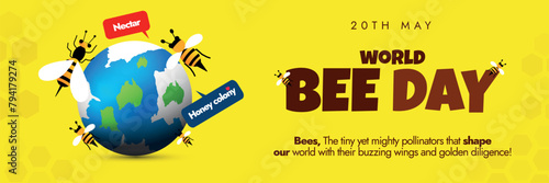 World Bee day celebration cover banner. 20th May World bee day conceptual banner, post with earth globe and honey bees on it to show the essential role bees, pollinators play in keeping planet healthy