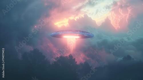 Mysterious Luminous UFO Emerging from Ethereal Dusk Clouds in Surreal Painterly Landscape photo