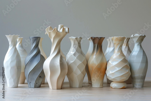 A series of ceramic vases each featuring a different phase of transformation from smooth cylindrical