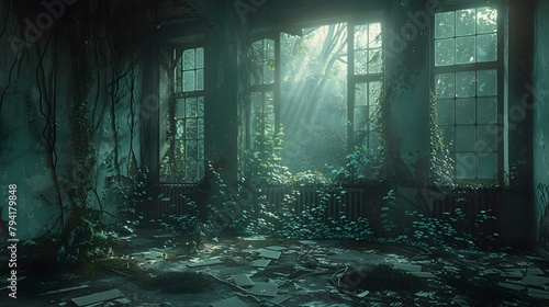 spooky atmosphere of an abandoned asylum, with broken windows and overgrown vines, in high resolution cinematic photography. © Artistic_Creation
