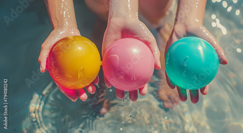 Person hand playing colorful ball on beach.summer activity concepts ideas photo