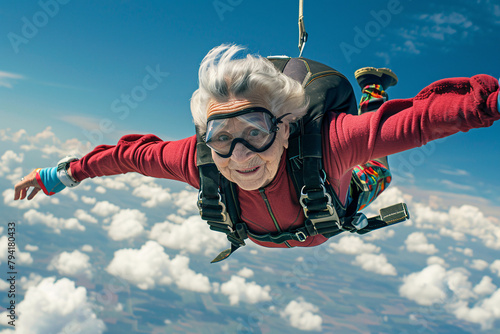 Portrait of happy senior woman jumping with skydiving in blue sky