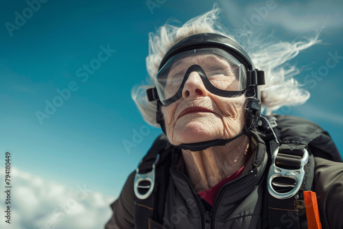 Portrait of senior woman jumping with skydiving