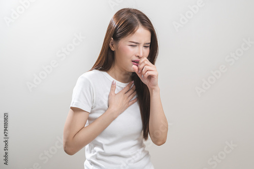 Female unhealthy Sickness, asian young woman, girl unwell and coughing, have cold, sore throat isolated white background suffering with symptom cough feeling bad. Healthcare of Coronavirus, covid-19.