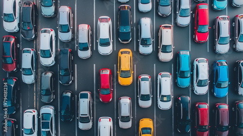Overhead view of a bustling city street teeming with cars in a gridlock as evening falls