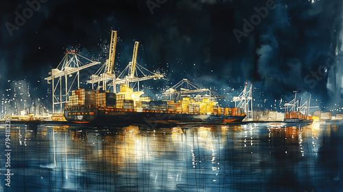 A painting of a harbor with a large ship in the foreground