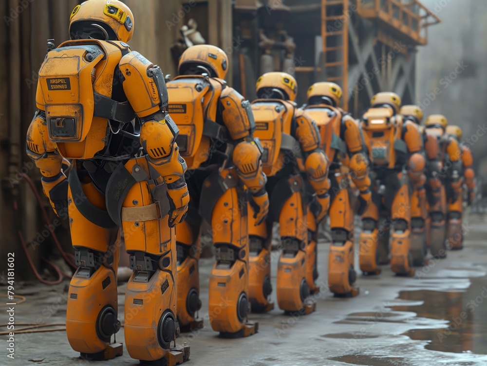 Robot Uniform Inner A group of robots in orange uniforms stand in a line. The robots are ...