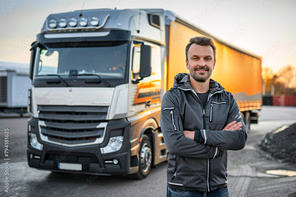 Male driver standing in front of his big truck Male driver standing in front of his big truck